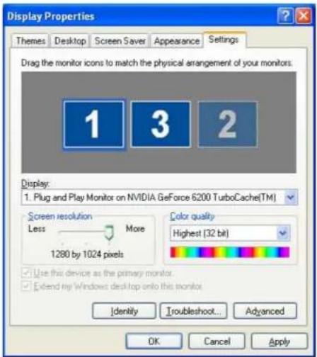 Display Properties Themes Desktop Screen Saver Appearance Settings Drag the monitor icons to match the physical arrangement of your monitors. 1 3 2 Display: 1. Plug and Play Monitor on NVIDIA GeForce 6200 TurboCache(TM) Screen resolution More Less 1280 by 1024 pixels Color quality Highest (32 bit) Use this device as the primary monitor. Extend my Windows desktop onto this monitor Identity Troubleshoot... Advanced OK Cancel Apply