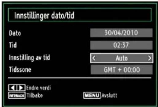 Innstillinger dato/tid Dato 30/04/2010 Tid 02:37 Innstilling av tid < Auto > Tidssone GMT + 00:00 Endre verdi RETRACK Tilbake MENU Avslutt