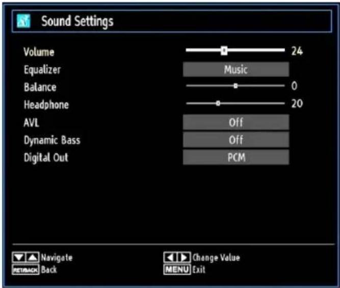 Sound Settings Volume 24 Equalizer Music Balance 0 Headphone 20 AVL Off Dynamic Bass Off Digital Out PCM Navigate RETRACK Back Change Value MENU Exit
