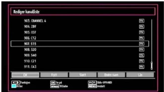 Rediger kanaliste 903. CHANNEL 4 904. ZBF 905. C07 906. C12 907. S15 908. S20 909. S40 910. C21 911. C43 OK Rett Slett Endre sum Lie Funktion Pictor OK So på Eil bate PO P Side-OP/ANED NEW? Avfall