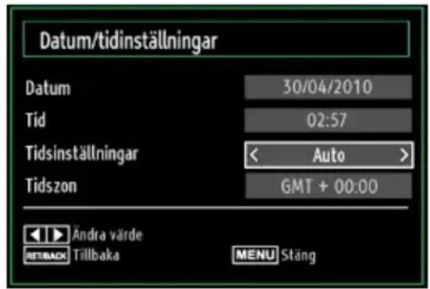 Datum/tidinställningar Datum 30/04/2010 Tid 02:57 Tidsinställningar < Auto > Tidszon GMT + 00:00 Ändra värde ATTBACK Tillbaka MENU Stäng