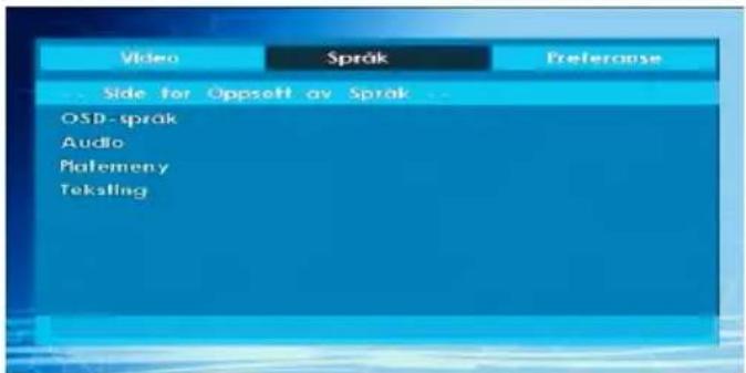 Video Språk Preferouse Side for Oppsett av Språk OSD-språk Audio Platemeny Tekstling