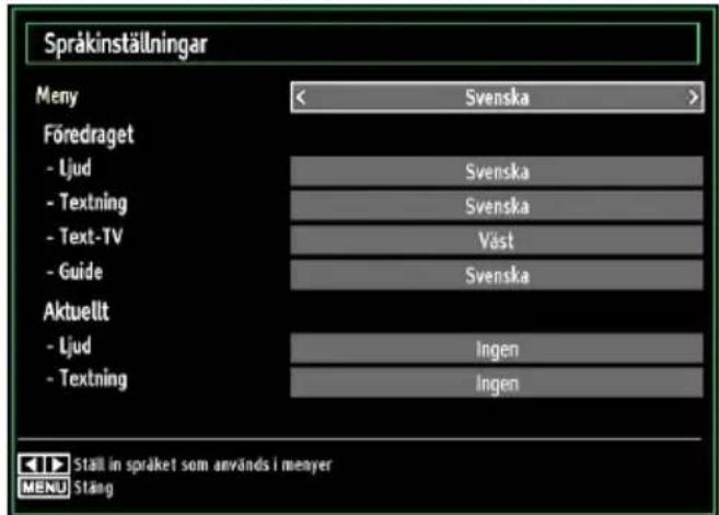 Språkinställningar Meny Svenska Föredaget - Ljud Svenska - Textning Svenska - Text-TV Väst - Guide Svenska Aktuellt - Ljud Ingen - Textning Ingen Ställ in språket som används i menyer MENU Stäng