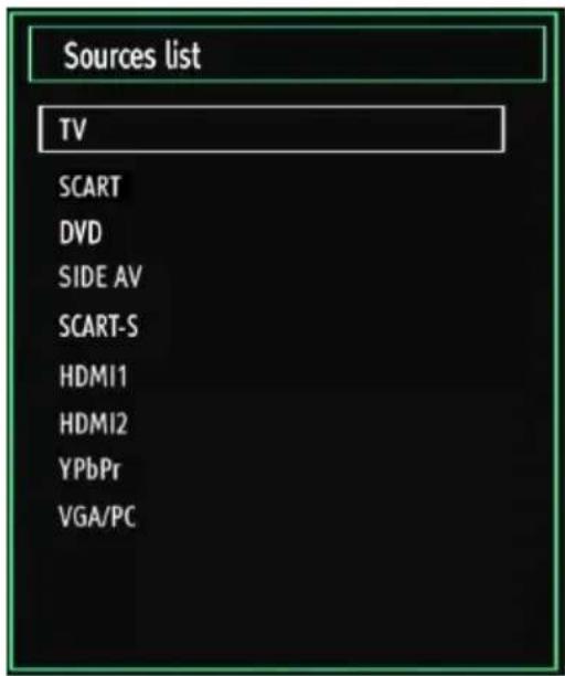 Sources list TV SCART DVD SIDE AV SCART-S HDMI1 HDMI2 YPbPr VGA/PC