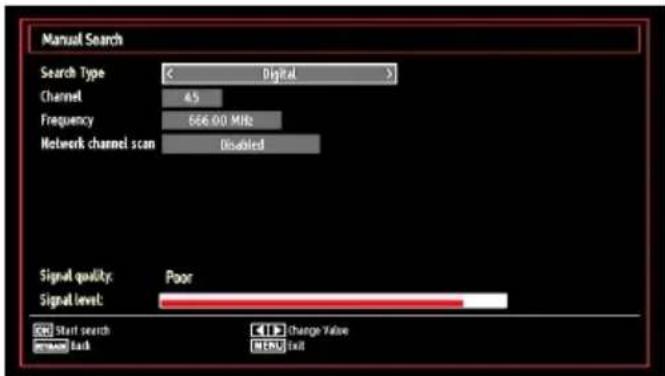 Manual Search Search Type: < Digital > Channel 45 Frequency 666.00 MHz Network channel scan Disabled Signal quality: Poor Signal level: Start search Change Value Stream Back MFRS1 Exit