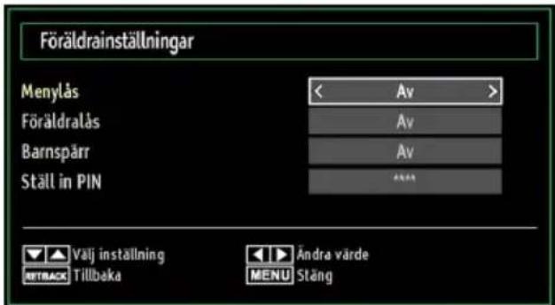 Föräldrainställningar Menylås < Av > Föräldralås Av Barnspårr Av Ställ in PIN ÄNNAA Välj inställning Andra värde RETRACK Tillbaka MENU Stäng