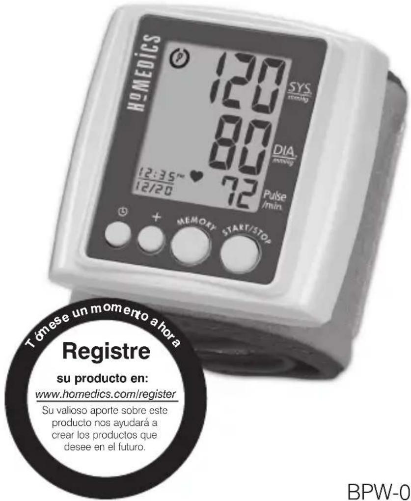 HOMEDICS 120 80 72 12:35~ 12/20 SYS. ECONY DIA. morning Pulse /min MEMORY START/STOP Tómese un momento a hora Registre su producto en: www.homedics.com/register Su valioso aporte sobre este producto nos ayudará a crear los productos que desee en el futuro. BPW-0