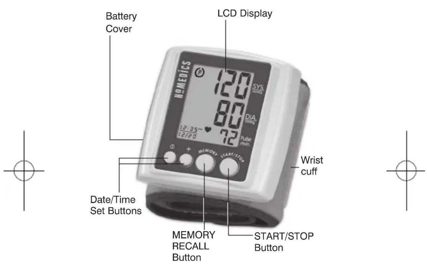 Battery Cover LCD Display HOMEDICS 120 80 72 12:35" 12/20 DIA Pulse Wrist cuff Date/Time Set Buttons MEMORY RECALL Button START/STOP Button