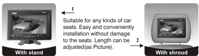 1 Suitable for any kinds of car seats. Easy and conveniently installation without damage to the seats. Length can be adjusted(as Picture). 2 With stand With shroud