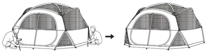Diagram showing two stages of a tent installation, one being assembled and the other closed, with no text or symbols present.