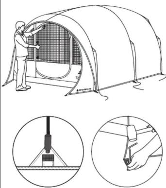 Line drawing of a tent with workers installing or adjusting the interior panel, plus three circular insets showing internal components (no text or symbols).