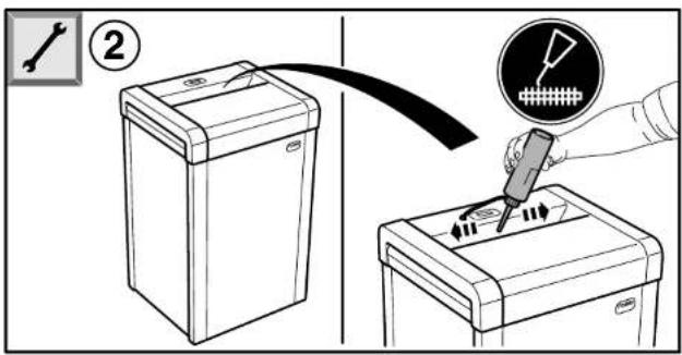 Diagram illustrating a tool application on a waste bin, showing tool path and warning symbol