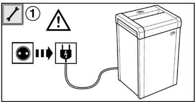 Diagram showing a power outlet connected to a waste sorting bin, with warning symbols and electrical symbols present.