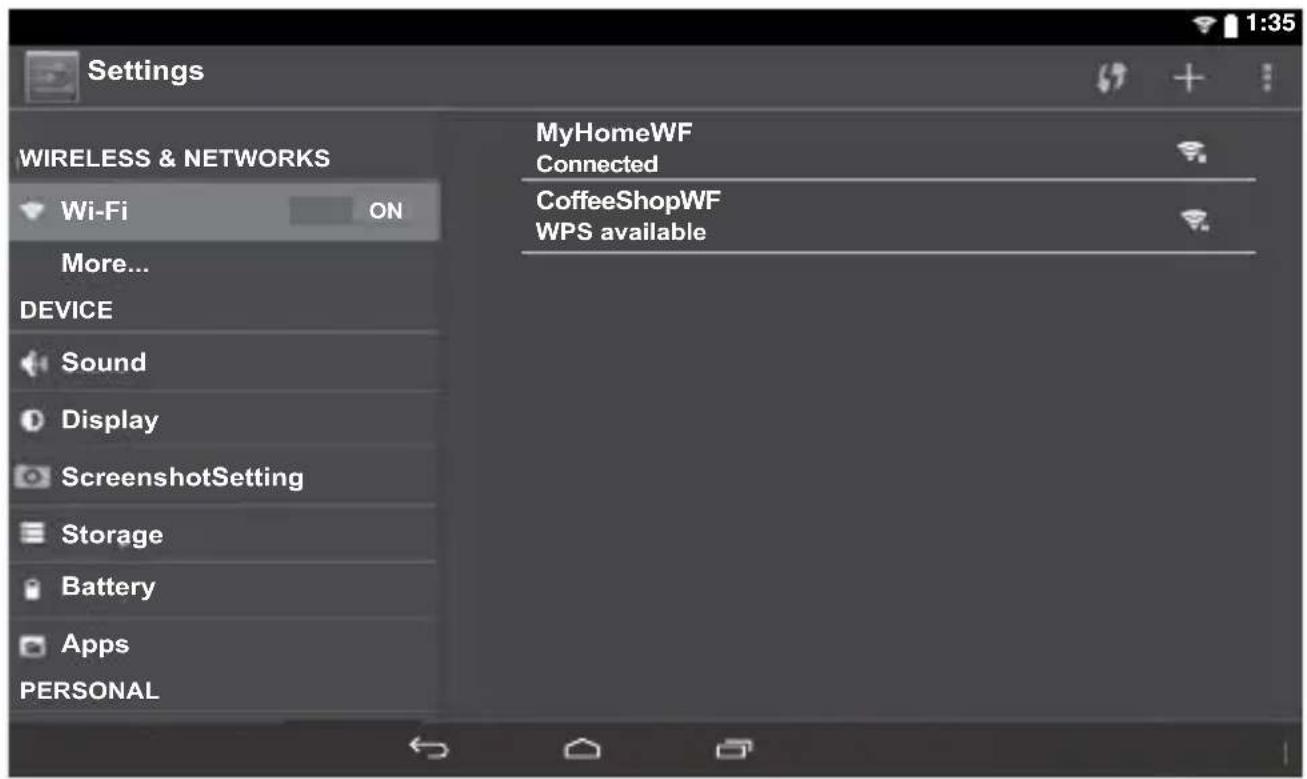 Settings WIRELESS & NETWORKS Wi-Fi ON More... DEVICE Sound Display ScreenshotSetting Storage Battery Apps PERSONAL MyHomeWF Connected CoffeeShopWF WPS available