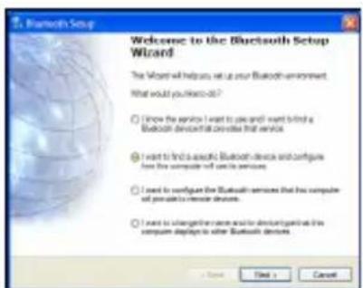 Welcome to the Bluetooth Setup Wizard The Wizard will help us your Bluetooth environment. What would you know do? ✓ I know the service I want to you and want to find a Bluetooth device will deliver that service ✓ I want to find a specific Bluetooth device and configure from this computer will use its services ✓ I want to configure the Bluetooth services that has computer with possible remote devices ✓ I want to switch the remote and/or download partially the computer display to other Bluetooth devices.