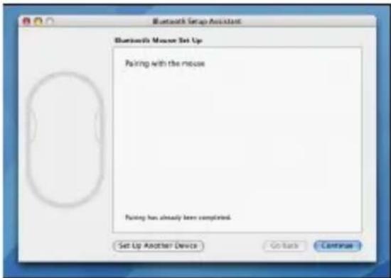 Bluetooth Setup Assistant Bluetooth Mouse Set Up Pairing with the mouse Pairing has already been completed. Set Up Another Device Go Back Continue