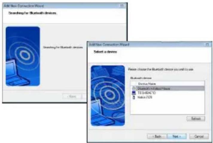 Add New Connection Wizard Searching for Bluetooth devices. Searching for Bluetooth devices. Add New Connection Wizard Select a device Please choose the Bluetooth device you and to use Bluetooth device Device Name Bluetooth/MyMac Phone TJ 14-60C YD Nokia 708 Refresh + Back Next > Cancel