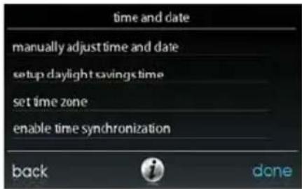 time and date manually adjust time and date setup daylight savings time set time zone enable time synchronization back done