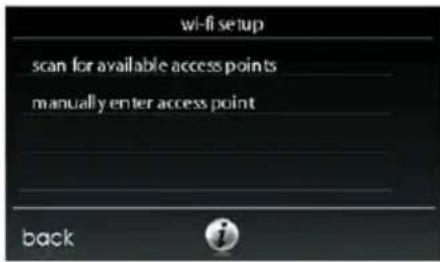 wi-fi setup scan for available access points manually enter access point back