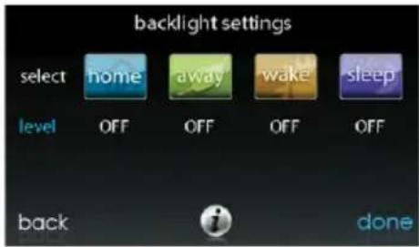 backlight settings select home away wake sleep level OFF OFF OFF OFF back i done