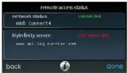 remote access status network status: connected ssid: connect4 MyInfinity server: welcome.txt www.api.ing carrier.com back done