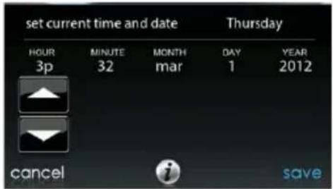 set current time and date Thursday HOUR 3p MINUTE 32 MONTH mar DAY 1 YEAR 2012 cancel i save