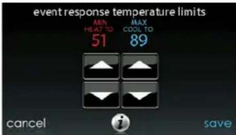 event response temperature limits MIN HEAT TO 51 MAX COOL TO 89 cancel save