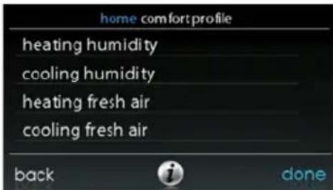 home comfort profile heating humidity cooling humidity heating fresh air cooling fresh air back done