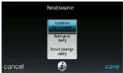 heatsource system in control furnace only heat pump only cancel i save