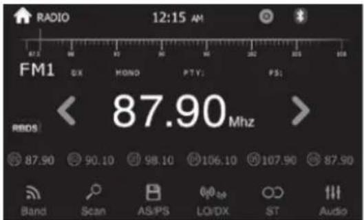 RADIO 12:15 AM FM1 SX MOND PTY PS: 87.90 Mhz RBDS 87.90 90.10 98.10 106.10 107.90 87.90 Band Scan AS/PS LO/DX ST Audio