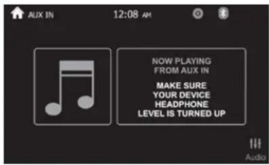 AUX IN 12:08 AM NOW PLAYING FROM AUX IN MAKE SURE YOUR DEVICE HEADPHONE LEVEL IS TURNED UP Audio