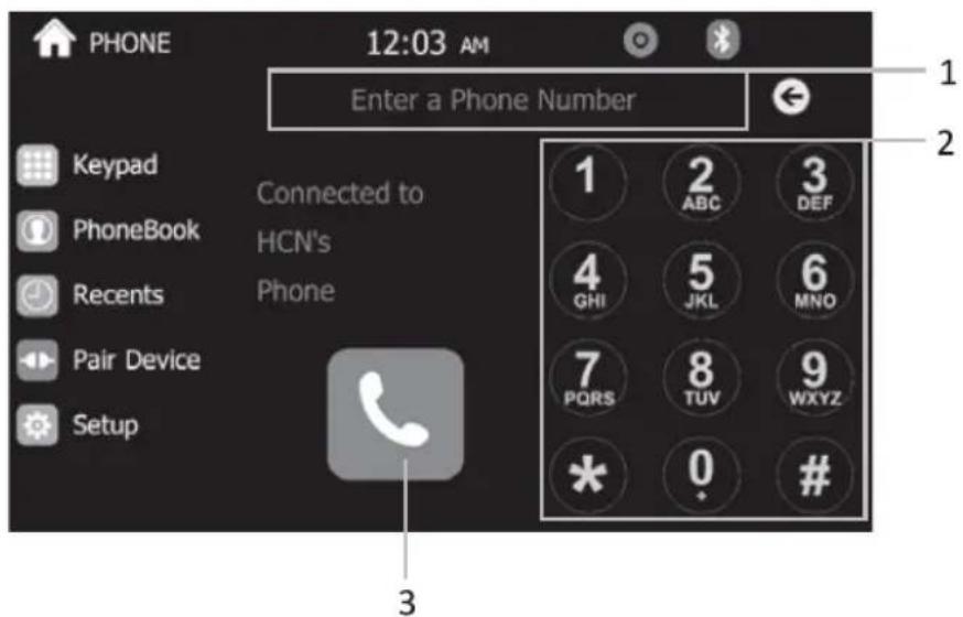 PHONE 12:03 AM Enter a Phone Number Keypad PhoneBook Recents Pair Device Setup Connected to HCN's Phone 1 ABC 3 DEF 4 GHI 5 JKL 6 MNO 7 PQRS 8 TUV 9 WXYZ * 0 #