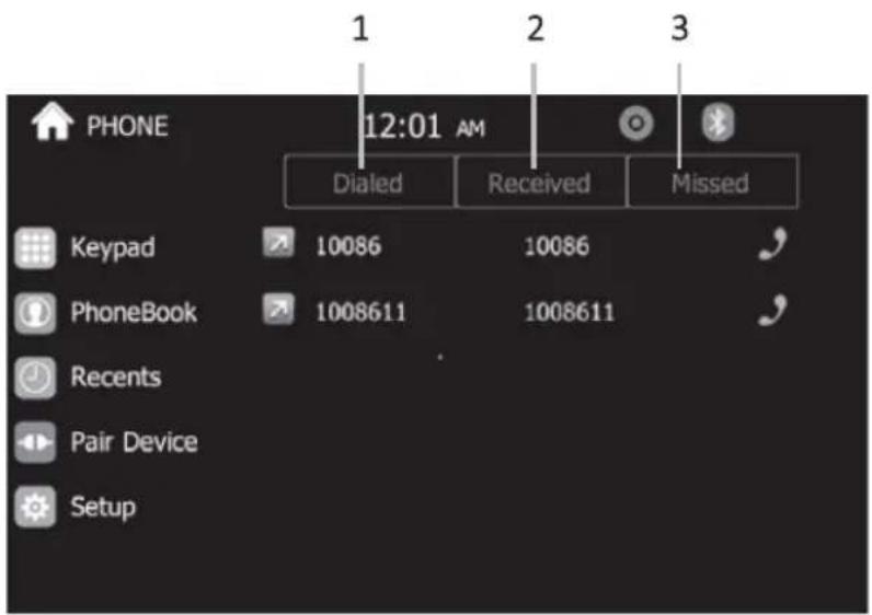 PHONE 12:01 AM Dialed Received Missed Keypad 10086 10086 PhoneBook 1008611 1008611 Recents Pair Device Setup