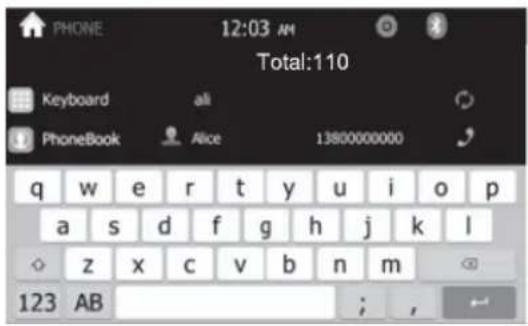 PHONE 12:03 M Total:110 Keyboard all PhoneBook Alice 13800000000 q w e r t y u i o p a s d f g h j k l z x c v b n m 123 AB ; ,