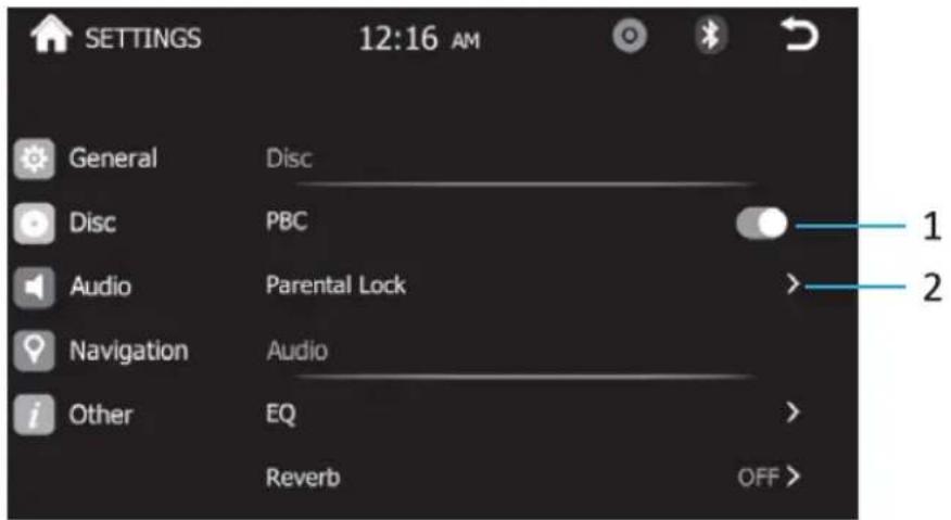 SETTINGS 12:16 AM General Disc Disc PBC Audio Parental Lock > Navigation Audio i EQ > Other Reverb OFF >