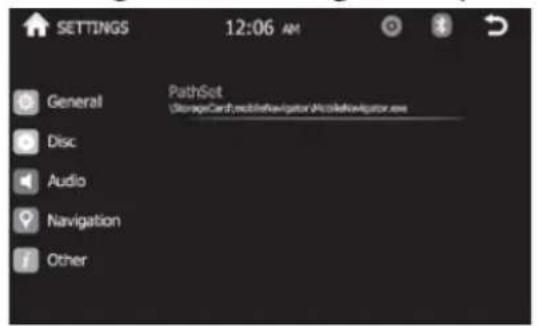 SETTINGS 12:06 AM General PathSet StorageCard, Phct@Navigator@MobileNavigator.com Disc Audio Navigation Other