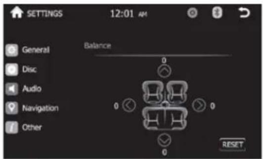 SETTINGS 12:01 AM General Disc Audio Navigation Other Balance 0 0 0 0 0 RESET