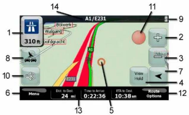 14 A1/E231 1 310 ft Bolwerk Walgang Boofdgracht 11 9 2 8 7 3 10 View Hold 4 6 Menu Dist. to Dist. 24 mi Time to Arrive 0:22:36 ETA to Dist. 10:38 am Route Options 12 5 13