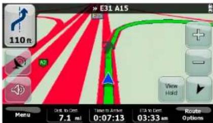 E31 A15 110 ft Menu Dist. to Dist. 7.1 ml Time to Arrive 0:07:13 STA to Dist. 03:33 am Route Options