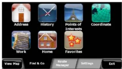 Address History Points of Interests Coordinate Work Home Favorites View Map Find & Go Route Manager Settings Exit