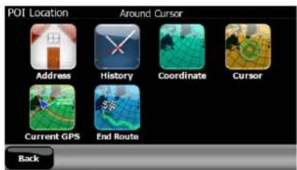 POI Location Around Cursor Address History Coordinate Cursor Current GPS End Route Back