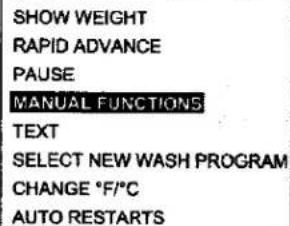 SHOW WEIGHT RAPID ADVANCE PAUSE MANUAL FUNCTIONS TEXT SELECT NEW WASH PROGRAM CHANGE °F/°C AUTO RESTARTS
