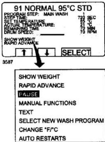 91 NORMAL 95°C STD PROGRAM STEP: MAIN WASH 1 STEP TIME: 720 SEC SET TEMPERATURE: 85 °C ACTUAL TEMPERATURE: 21 °C REMAINING TIME: 70 MIN DRUM SPEED: 70 RPM SHOW WEIGHT RAPID ADVANCE SELECT 3587 SHOW WEIGHT RAPID ADVANCE TAUSE MANUAL FUNCTIONS TEXT SELECT NEW WASH PROGRAM CHANGE °F/°C AUTO RESTARTS
