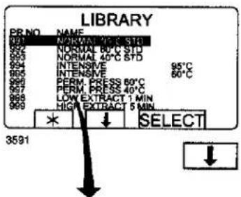 LIBRARY PR.NO NAME 950 NORMAL 45°C STD 952 NORMAL 80°C STD 953 NORMAL 40°C STD 954 INTENSIVE 955 INTENSIVE 956 PERM PRESS 60°C 957 PERM PRESS 40°C 958 LOW EXTRACT 1 MIN 959 HIGH EXTRACT 5 MIN 3591 SELECT