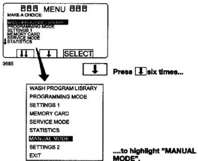 MAKE A CHOICE: WASH PROGRAM LIBRARY PROGRAMMING MODE SETTINGS 1 MEMORY CARD SERVICE MODE ↓STATISTICS SELECT 3685 WASH PROGRAM LIBRARY PROGRAMMING MODE SETTINGS 1 MEMORY CARD SERVICE MODE STATISTICS MANUAL MODE SETTINGS 2 EXIT Press ↓ six times... ....to highlight "MANUAL MODE".