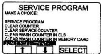 SERVICE PROGRAM MAKE A CHOICE: SERVICE PROGRAM CLEAR COUNTER CLEAR SERVICE COUNTER CLEAR WASH COUNTER IN CLS CLEAR WASH COUNTER IN MEMORY CARD SELECT