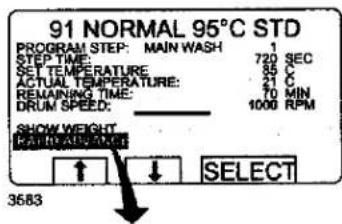 91 NORMAL 95°C STD PROGRAM STEP: MAIN WASH STEP TIME: 720 SEC SET TEMPERATURE 85 °C ACTUAL TEMPERATURE: 21 °C REMAINING TIME: 21 MIN DRUM SPEED: 70 MIN 1000 RPM SNOW WEIGHT MAIN WASH SELECT 3683