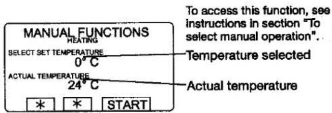 MANUAL FUNCTIONS HEATING SELECT SET TEMPERATURE 0°C ACTUAL TEMPERATURE 24°C * * START To access this function, see instructions in section "To select manual operation". Temperature selected Actual temperature