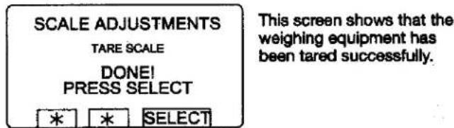 SCALE ADJUSTMENTS TARE SCALE DONE! PRESS SELECT * * SELECT This screen shows that the weighing equipment has been tared successfully.
