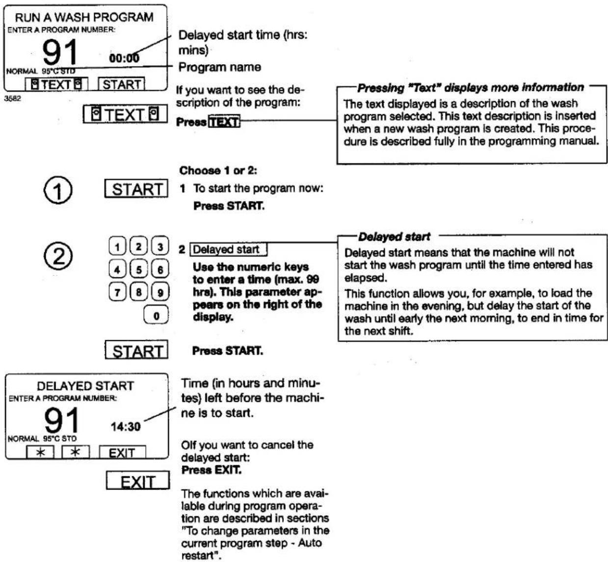 RUN A WASH PROGRAM ENTER A PROGRAM NUMBER: 91 00:00 NORMAL 95°C STD TEXT START 3582 Delayed start time (hrs: mins) Program name If you want to see the de- scription of the program: Press TEXT Pressing "Text" displays more information The text displayed is a description of the wash program selected. This text description is inserted when a new wash program is created. This proce- dure is described fully in the programming manual. Choose 1 or 2: 1 To start the program now: Press START. 1 START 2 Delayed start Use the numeric keys to enter a time (max. 99 hrs). This parameter ap- pears on the right of the display. Delayed start Delayed start means that the machine will not start the wash program until the time entered has elapsed. This function allows you, for example, to load the machine in the evening, but delay the start of the wash until early the next morning, to end in time for the next shift. START Press START. DELAYED START ENTER A PROGRAM NUMBER: 91 14:30 NORMAL 95°C STD * * EXIT Time (in hours and minu- tes) left before the machi- ne is to start. Olf you want to cancel the delayed start: Press EXIT. EXIT The functions which are avai- lable during program opera- tion are described in sections "To change parameters in the current program step - Auto restart".